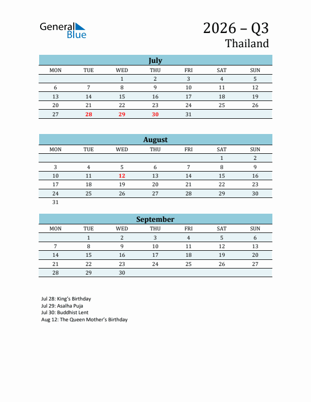 Three-Month Planner for Q3 2026 with Holidays - Thailand