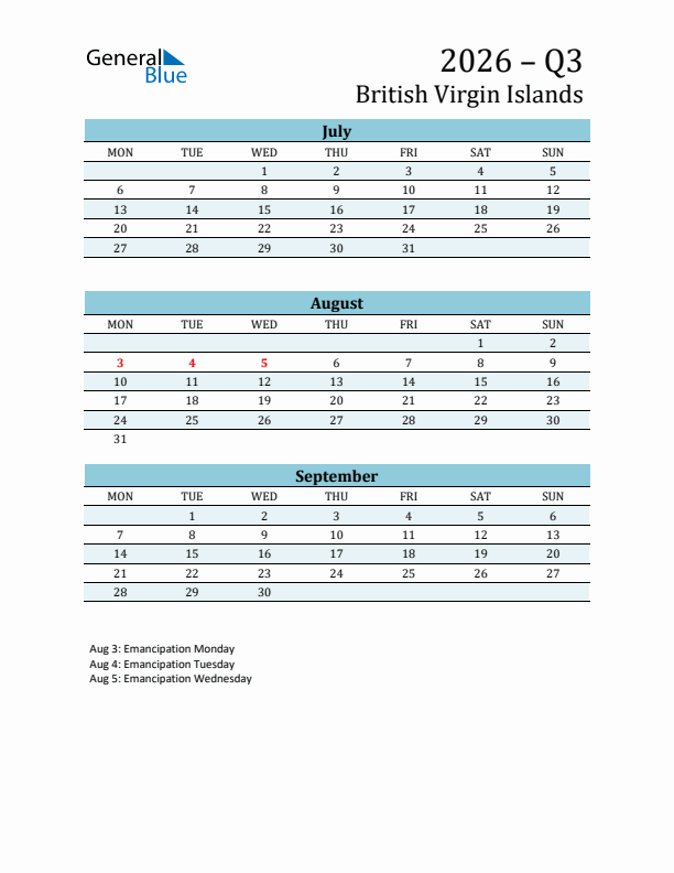 Three-Month Planner for Q3 2026 with Holidays - British Virgin Islands