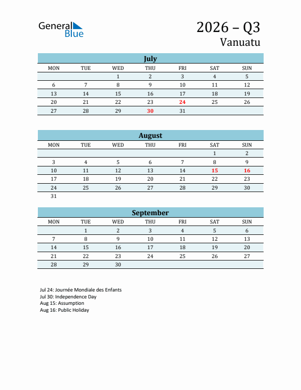 Three-Month Planner for Q3 2026 with Holidays - Vanuatu