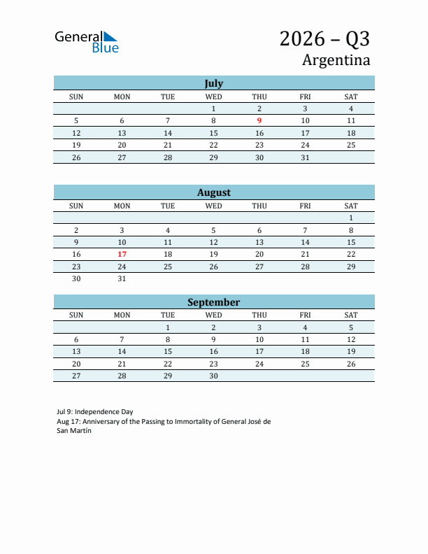 Three-Month Planner for Q3 2026 with Holidays - Argentina