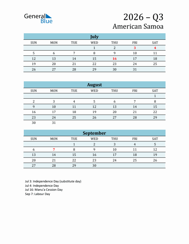 Three-Month Planner for Q3 2026 with Holidays - American Samoa