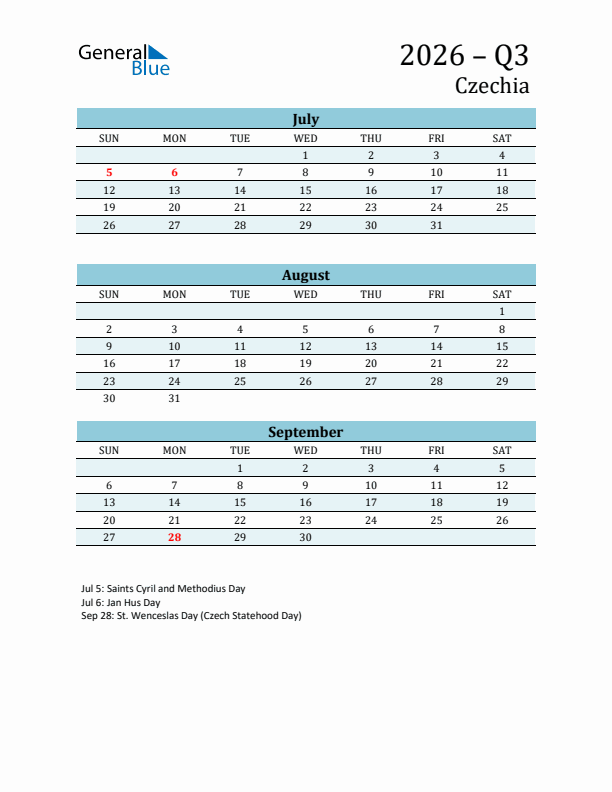 Three-Month Planner for Q3 2026 with Holidays - Czechia