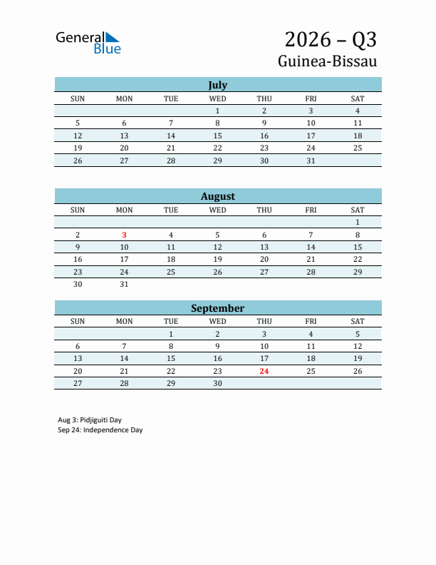 Three-Month Planner for Q3 2026 with Holidays - Guinea-Bissau