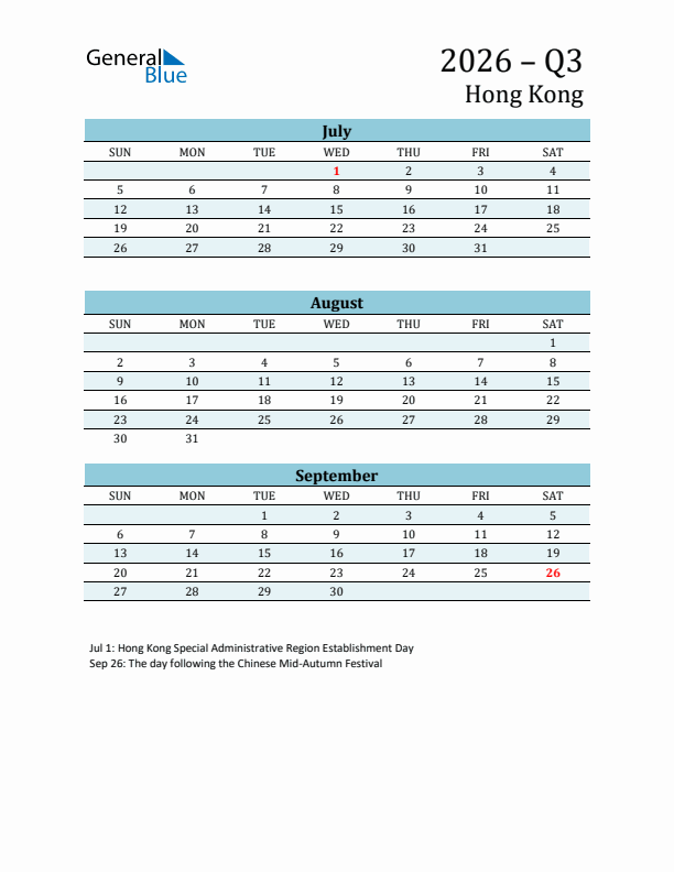 Three-Month Planner for Q3 2026 with Holidays - Hong Kong