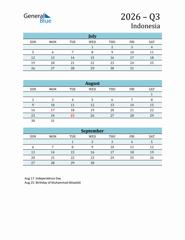 Three-Month Planner for Q3 2026 with Holidays - Indonesia