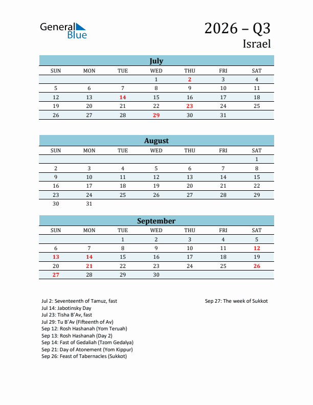 Three-Month Planner for Q3 2026 with Holidays - Israel
