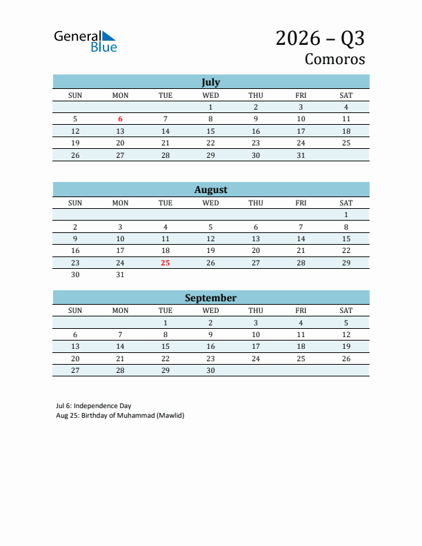 Three-Month Planner for Q3 2026 with Holidays - Comoros