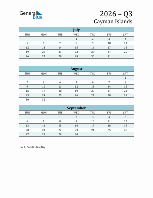 Three-Month Planner for Q3 2026 with Holidays - Cayman Islands