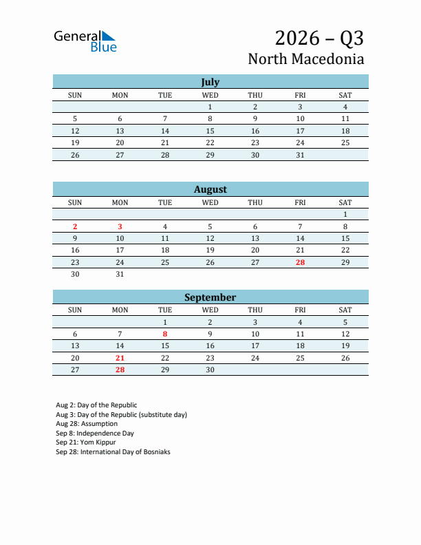 Three-Month Planner for Q3 2026 with Holidays - North Macedonia