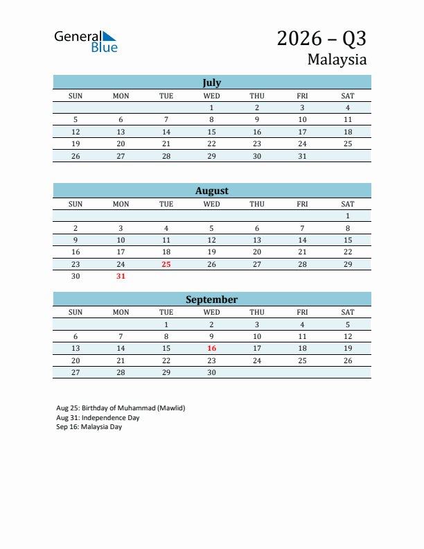 Three-Month Planner for Q3 2026 with Holidays - Malaysia