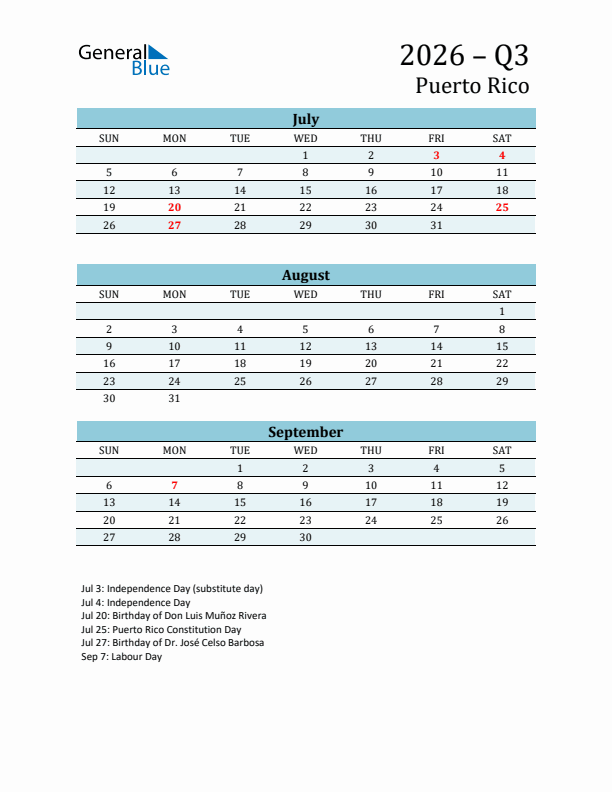 Three-Month Planner for Q3 2026 with Holidays - Puerto Rico