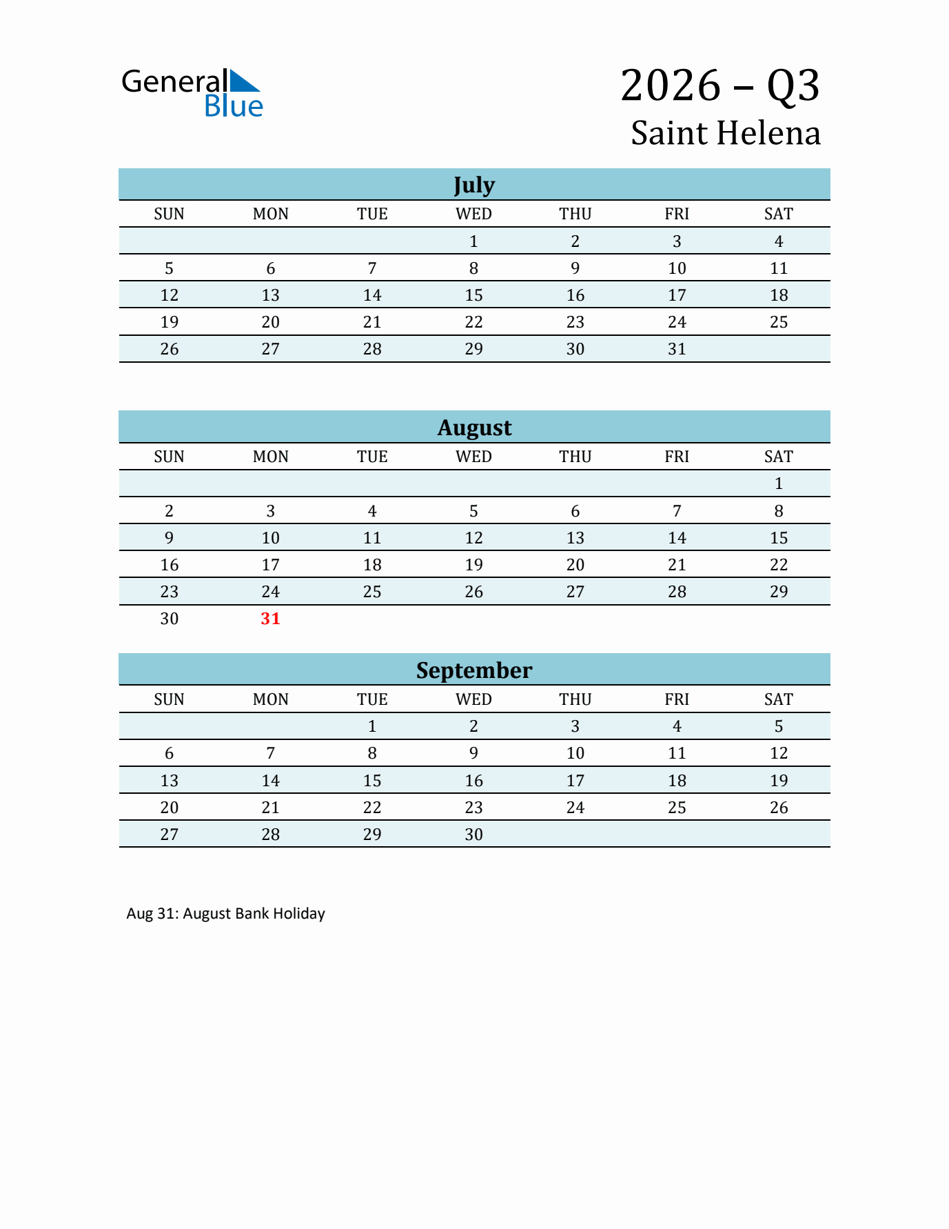 Three-Month Planner for Q3 2026 with Holidays - Saint Helena