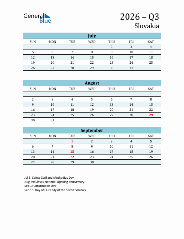 Three-Month Planner for Q3 2026 with Holidays - Slovakia