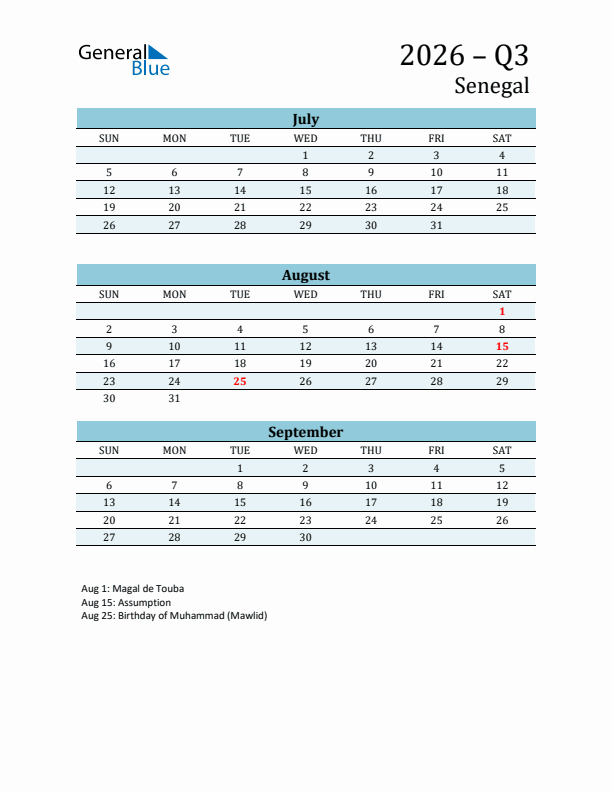 Three-Month Planner for Q3 2026 with Holidays - Senegal
