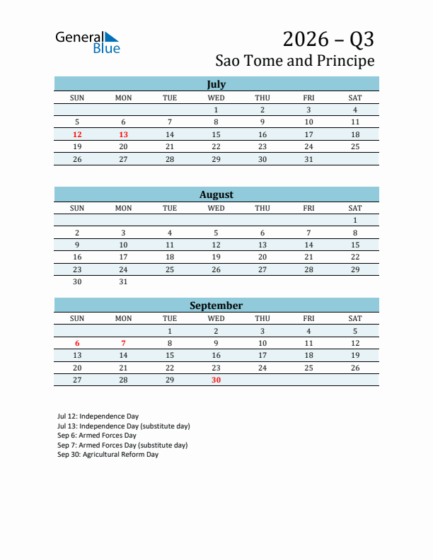 Three-Month Planner for Q3 2026 with Holidays - Sao Tome and Principe