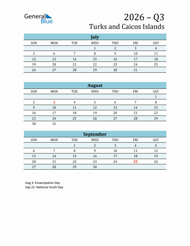 Three-Month Planner for Q3 2026 with Holidays - Turks and Caicos Islands