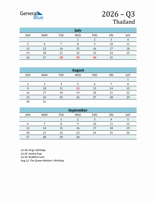 Three-Month Planner for Q3 2026 with Holidays - Thailand