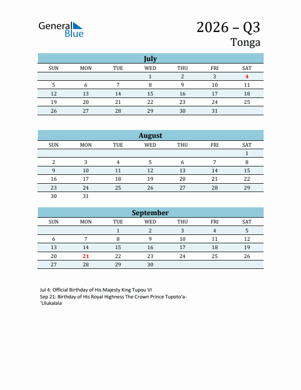 Three-Month Planner for Q3 2026 with Holidays - Tonga
