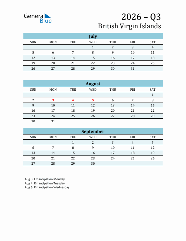 Three-Month Planner for Q3 2026 with Holidays - British Virgin Islands