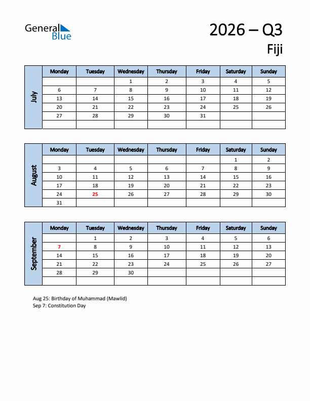 Free Q3 2026 Calendar for Fiji - Monday Start