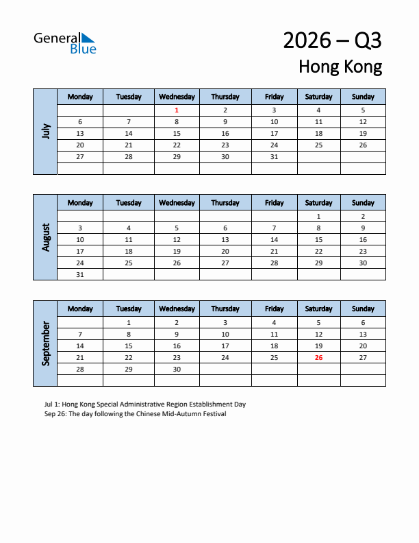 Free Q3 2026 Calendar for Hong Kong - Monday Start