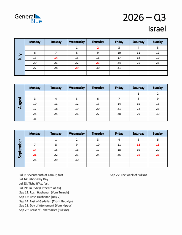 Free Q3 2026 Calendar for Israel - Monday Start