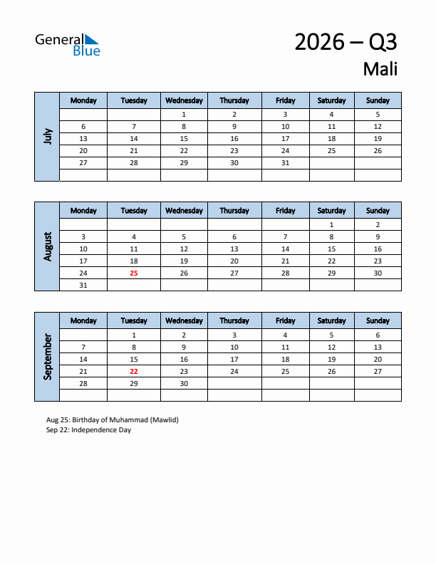 Free Q3 2026 Calendar for Mali - Monday Start