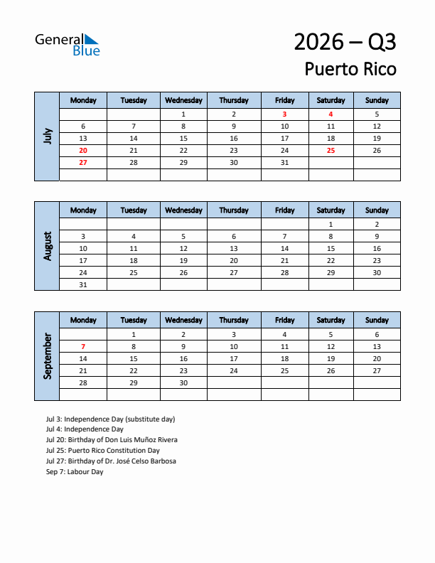 Free Q3 2026 Calendar for Puerto Rico - Monday Start
