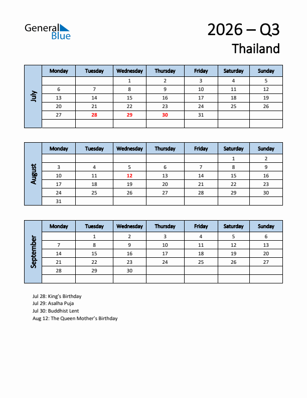 Free Q3 2026 Calendar for Thailand - Monday Start
