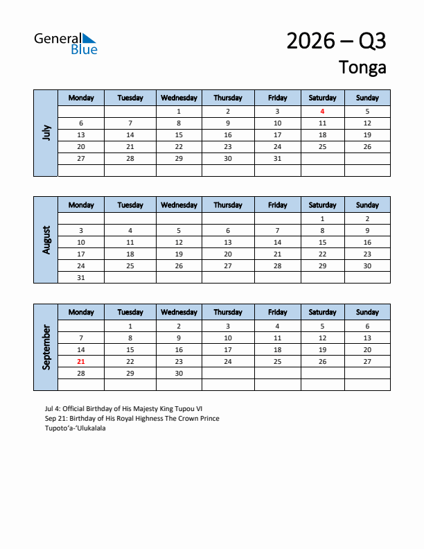 Free Q3 2026 Calendar for Tonga - Monday Start