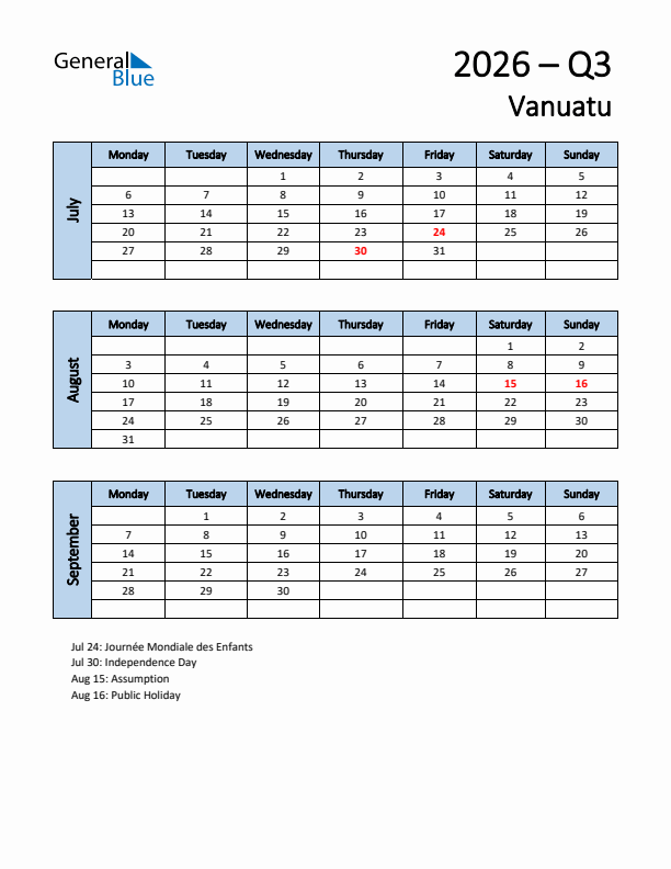 Free Q3 2026 Calendar for Vanuatu - Monday Start