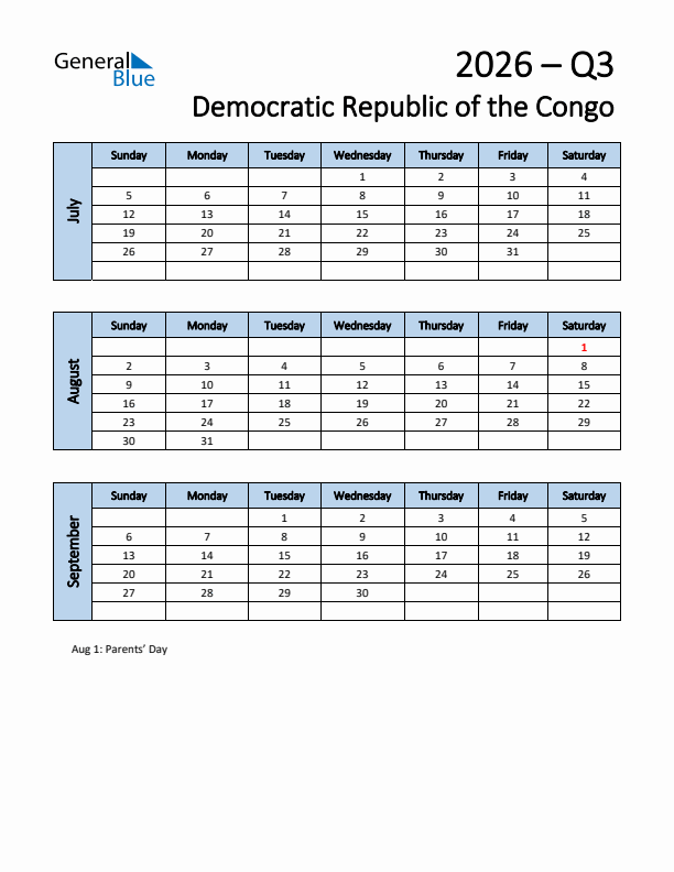 Free Q3 2026 Calendar for Democratic Republic of the Congo - Sunday Start