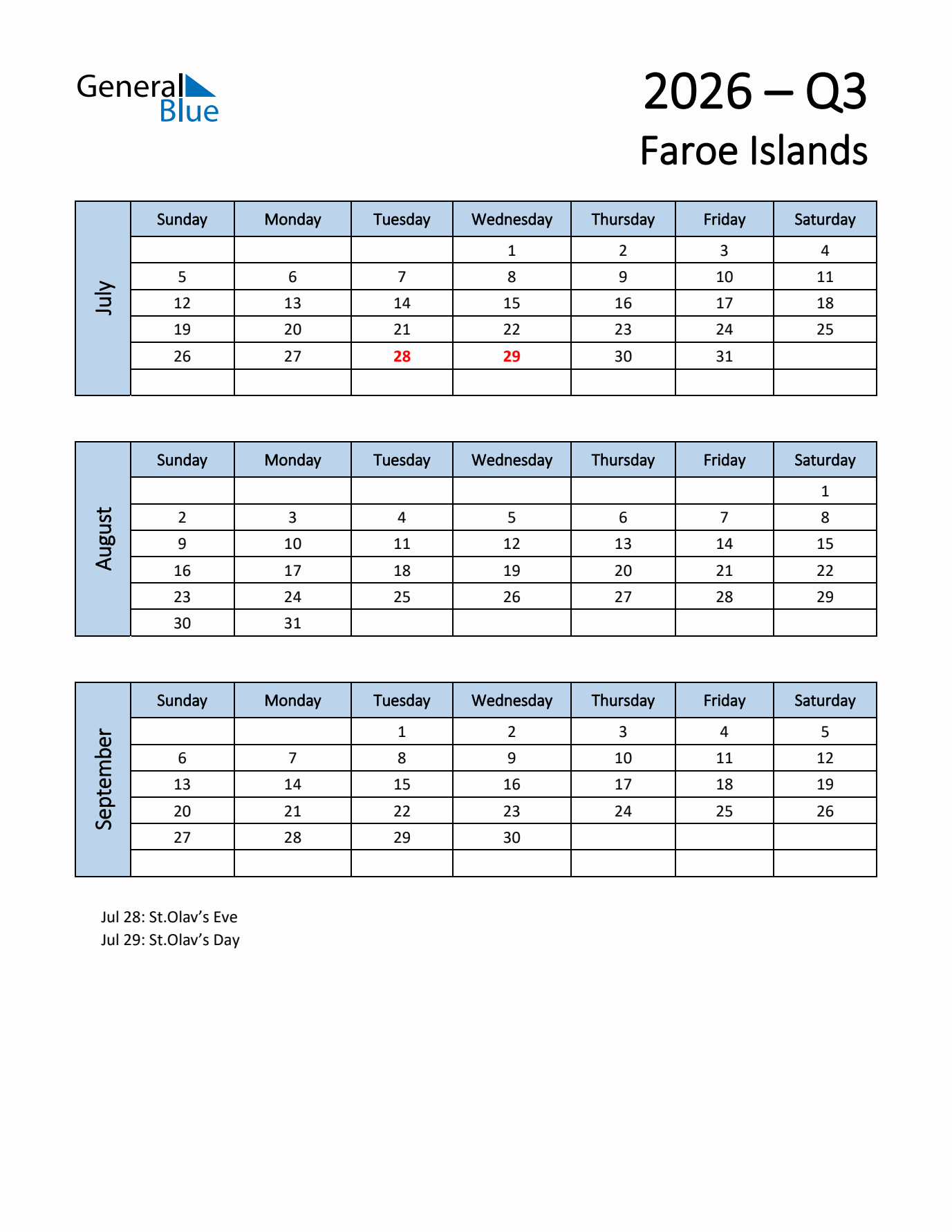 Free Q3 2026 Calendar for Faroe Islands - Sunday Start