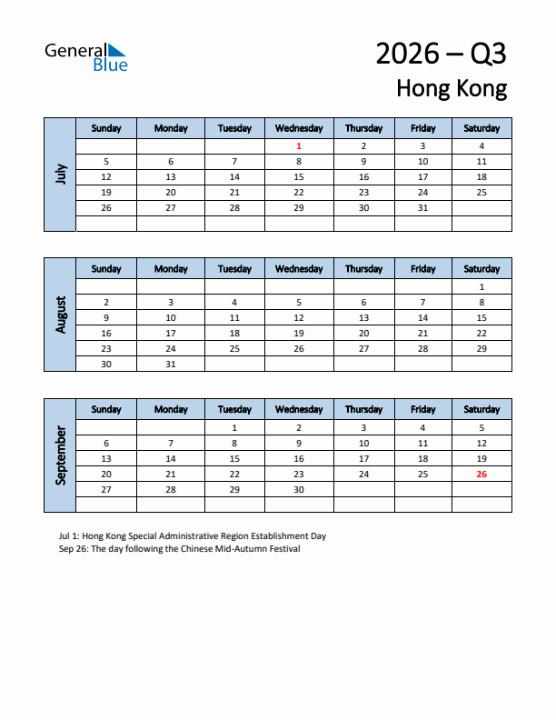 Free Q3 2026 Calendar for Hong Kong - Sunday Start