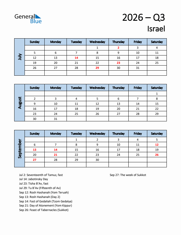 Free Q3 2026 Calendar for Israel - Sunday Start
