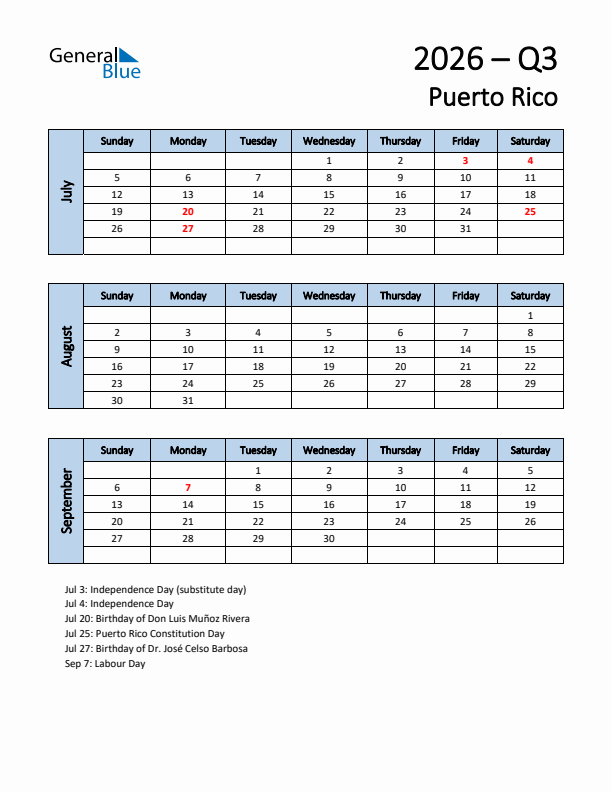 Free Q3 2026 Calendar for Puerto Rico - Sunday Start