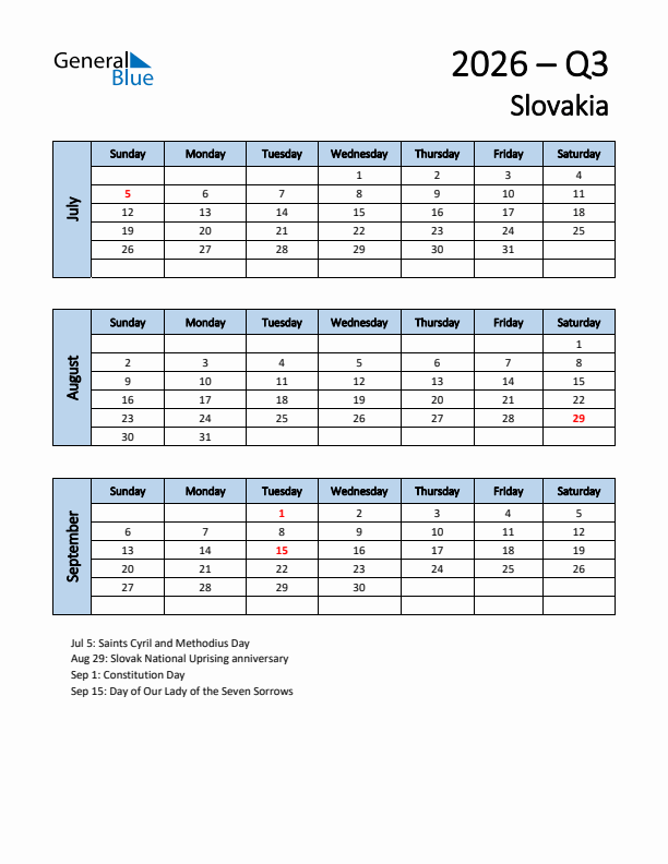 Free Q3 2026 Calendar for Slovakia - Sunday Start