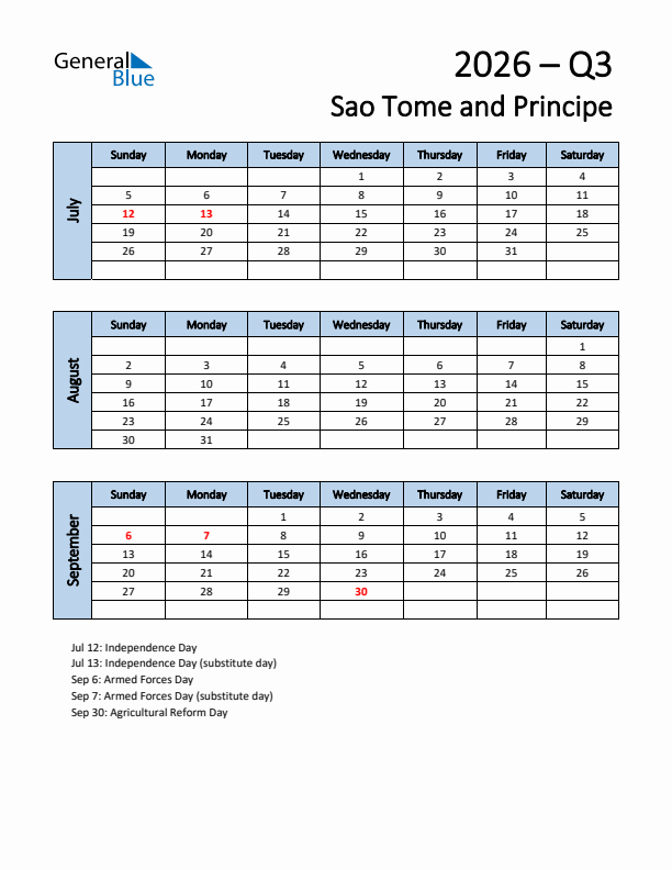 Free Q3 2026 Calendar for Sao Tome and Principe - Sunday Start