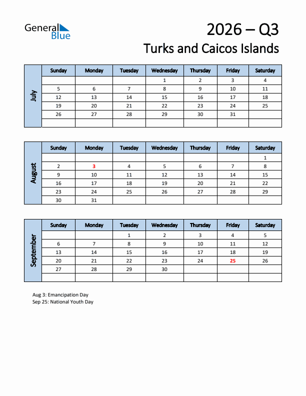 Free Q3 2026 Calendar for Turks and Caicos Islands - Sunday Start