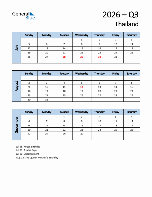 Free Q3 2026 Calendar for Thailand - Sunday Start