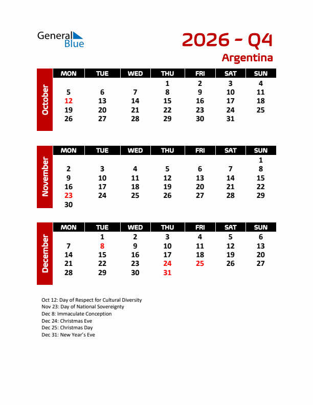 Q4 2026 Calendar with Holidays in Argentina