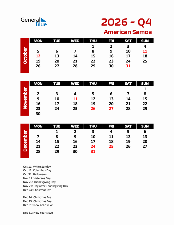 Q4 2026 Calendar with Holidays in American Samoa