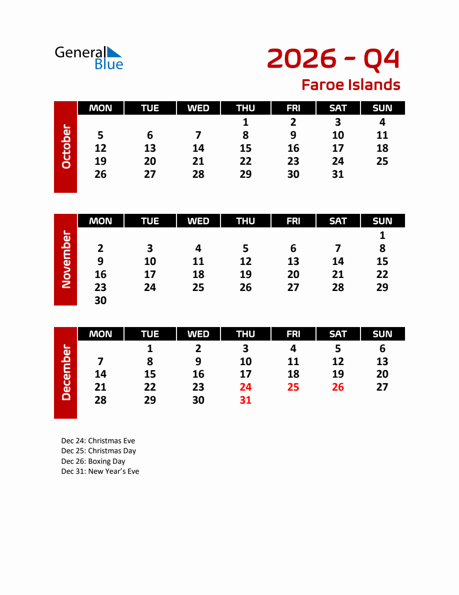 Q4 2026 Calendar with Holidays for Faroe Islands - Monday Start