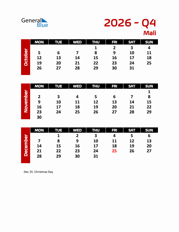 Q4 2026 Calendar with Holidays in Mali