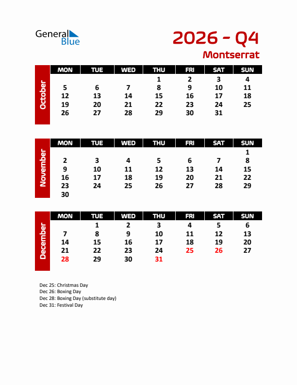 Q4 2026 Calendar with Holidays in Montserrat