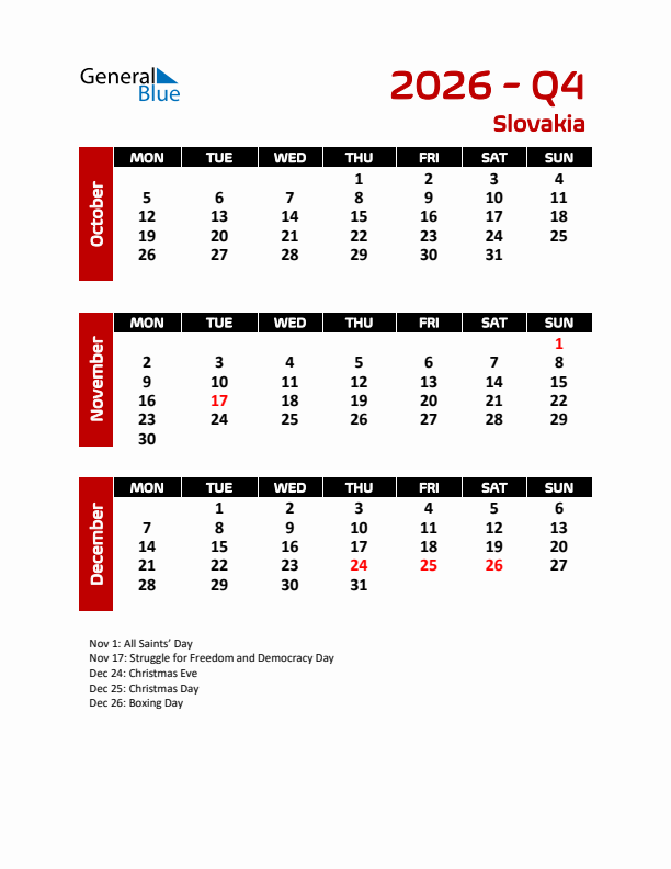 Q4 2026 Calendar with Holidays in Slovakia