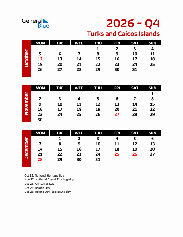 Q4 2026 Calendar with Holidays in Turks and Caicos Islands