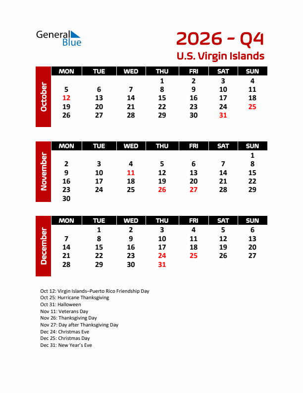 Q4 2026 Calendar with Holidays in U.S. Virgin Islands