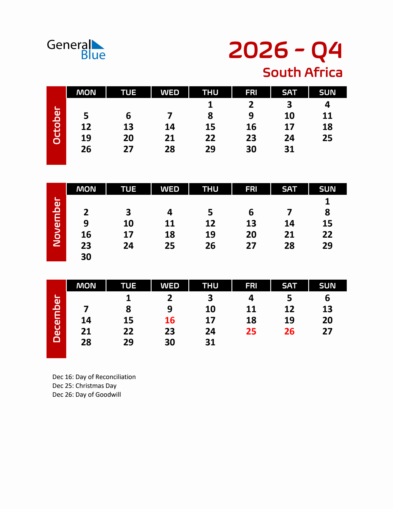 Q4 2026 Calendar with Holidays in South Africa