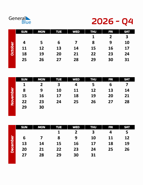 Quarter 4 2026 calendar template